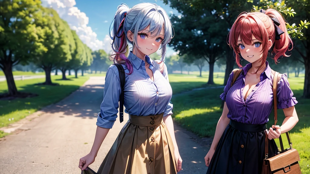 2girls, summer, village, trees, sun, clouds, ((colorful hair)), ponytail, large breasts, button down, blue eyes, ((purple shirt)), ((unbuttoned shirt)), unbuttoning buttons, popping buttons, ((short sleeved shirt)), black mini skirt, brown shoes, grin, looking at the viewer, standing, hair ribbon, cleavage, golden necklate