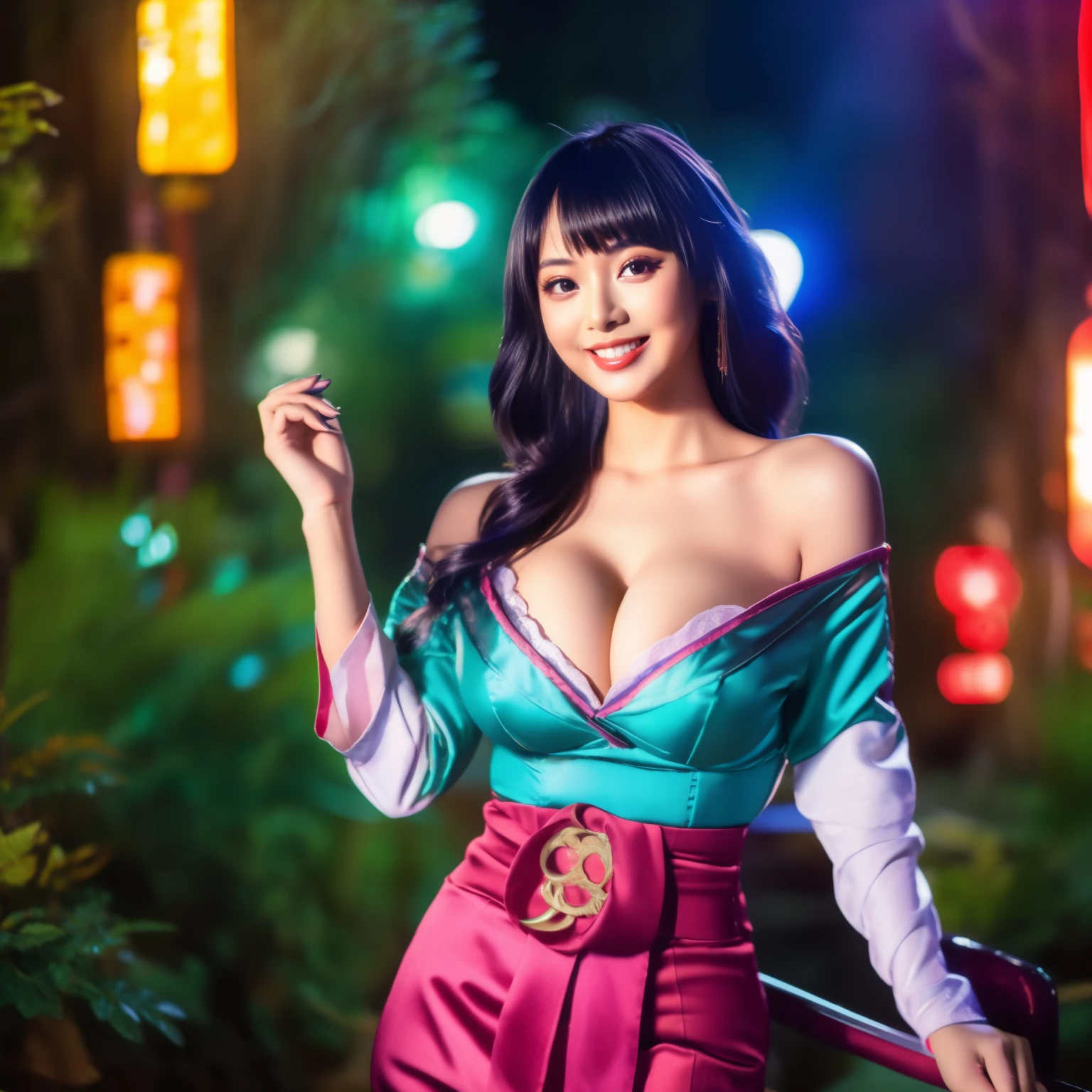 Beautiful young lady Oriental, with sexy outfit, slim waist, small breast, naugthy face, bangs, cleavage, navel, off shoulder, seductive smile,in mysterious forest with colorful neon lights