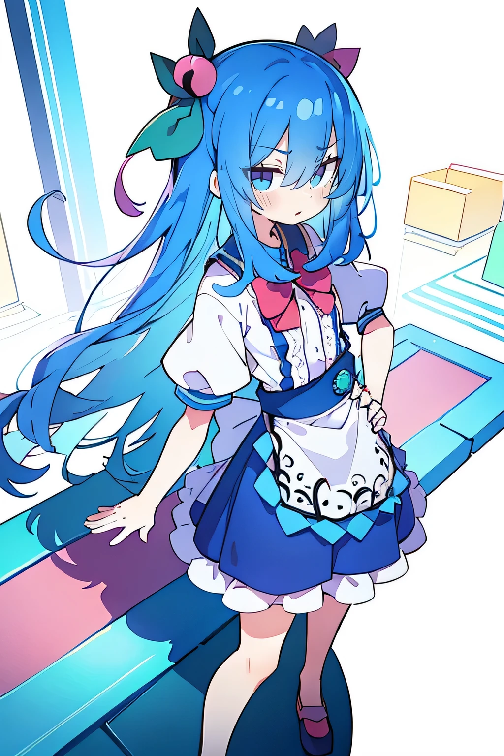 (masterpiece),best quality, expressive eyes, perfect face, 1girl,
 Put your hands on your waist,fair, Gorgeous,Japanese cartoons,girl,lola,Hina Angel, blue hair, blue haired, floating clothes,Grab your waist, Grab your waist, hands on hips , hands on hips,sit, sit on ground, Legs on the ground, flat chest