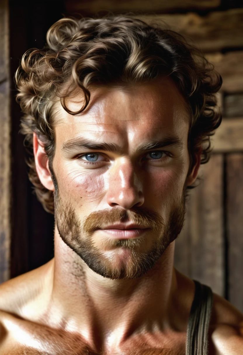 (highly detailed, soft light, photorealistic, dynamic light; cinematic; close up); victorian era; 1820s; 30 years old man; Englishman; strikingly handsome; defined cheekbones; defined strong jawline; handsome face; rectangular face-shape; strapping; desirous teasing expression; masculine face with several scars; charismatic; grizzled; intense inviting expression; manly passionate air; very attractive; burly broad figure; ruddy weathered skin; unkempt beard; natural light-blue eyes; thick strong chestnut-brown eyebrows; carefully-shaped 1820s sideburns; shirtless with a hairy slightly sweaty naked broad heavily muscled chest; wearing 1820s suspenders connected to pants, shirtless; short styled chestnut-brown hair in 1820's hairstyle; full firm masculine lips, lips open; mouth open; standing inside a dark but cosy 1820s log cabin; looking at camera