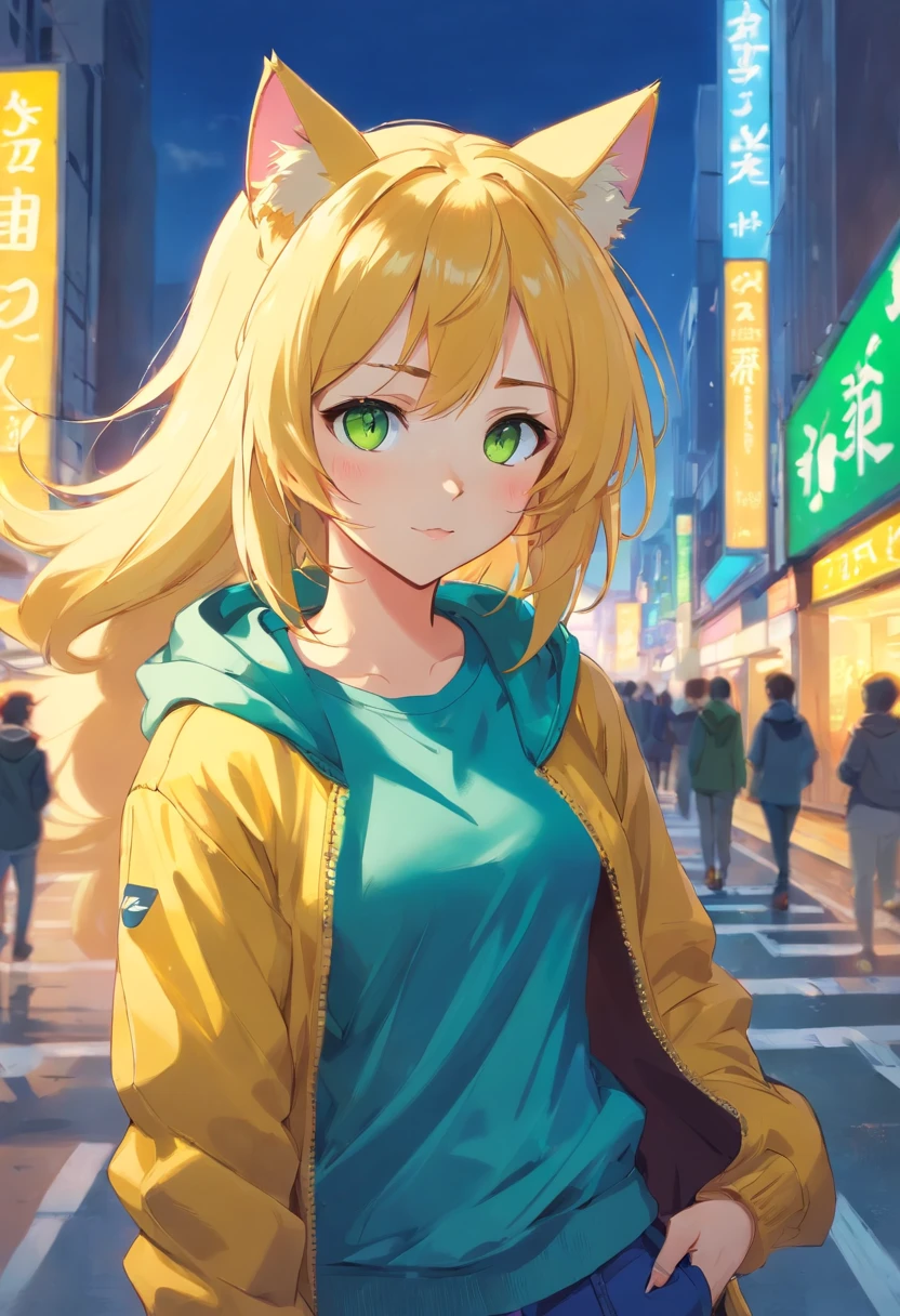 Full body appearance furry catgirl with golden yellow hair and green eyes beautiful, beautiful background wearing blue undershirt and yellow jacket, breast out