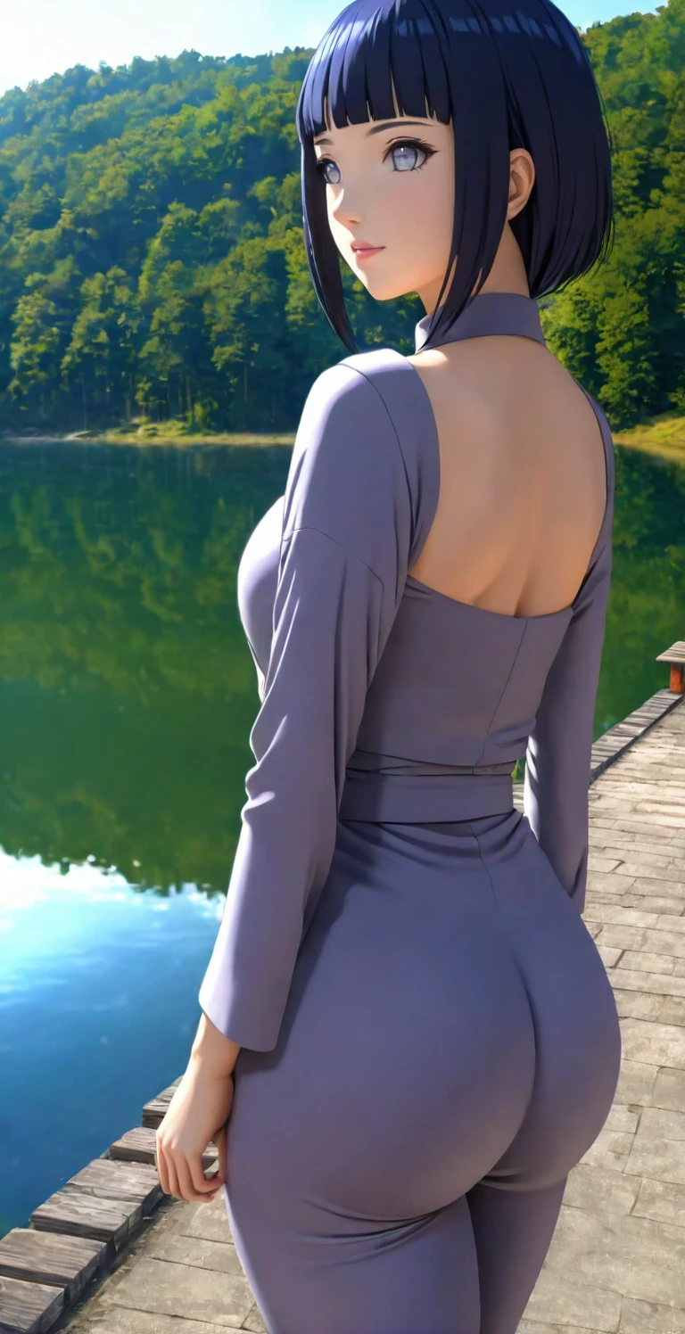 close-up from side, (30 years old adult-Hinata) walk next to lake, big ass, [enchanting, surreal, studio lighting, HDR, UHD, K]