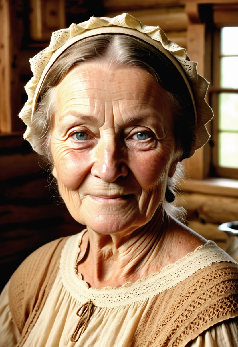 (highly detailed, soft light, photorealistic, dynamic light; cinematic; close up); victorian era; 1820s; 66 years old woman; English; 1820s housekeeper; homely sweet face; robust; ruddy skin; blue eyes, squinting slightly; wearing 1820s modest housekeeper beige-white dress and matching bonnet; wearing 1820s brown woolen shawl around her shoulders; sitting in warm cosy 1820s kitchen in a simple log cabin; looking at camera