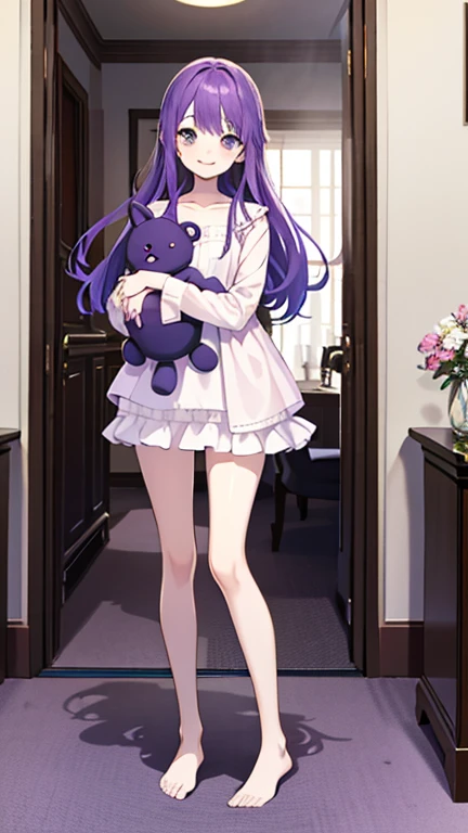 whole body,full body,Standing picture,standing position,Photographed from the front,from front,Girl holding stuffed animal,purple hair,one piece,Room wear,cute,smile