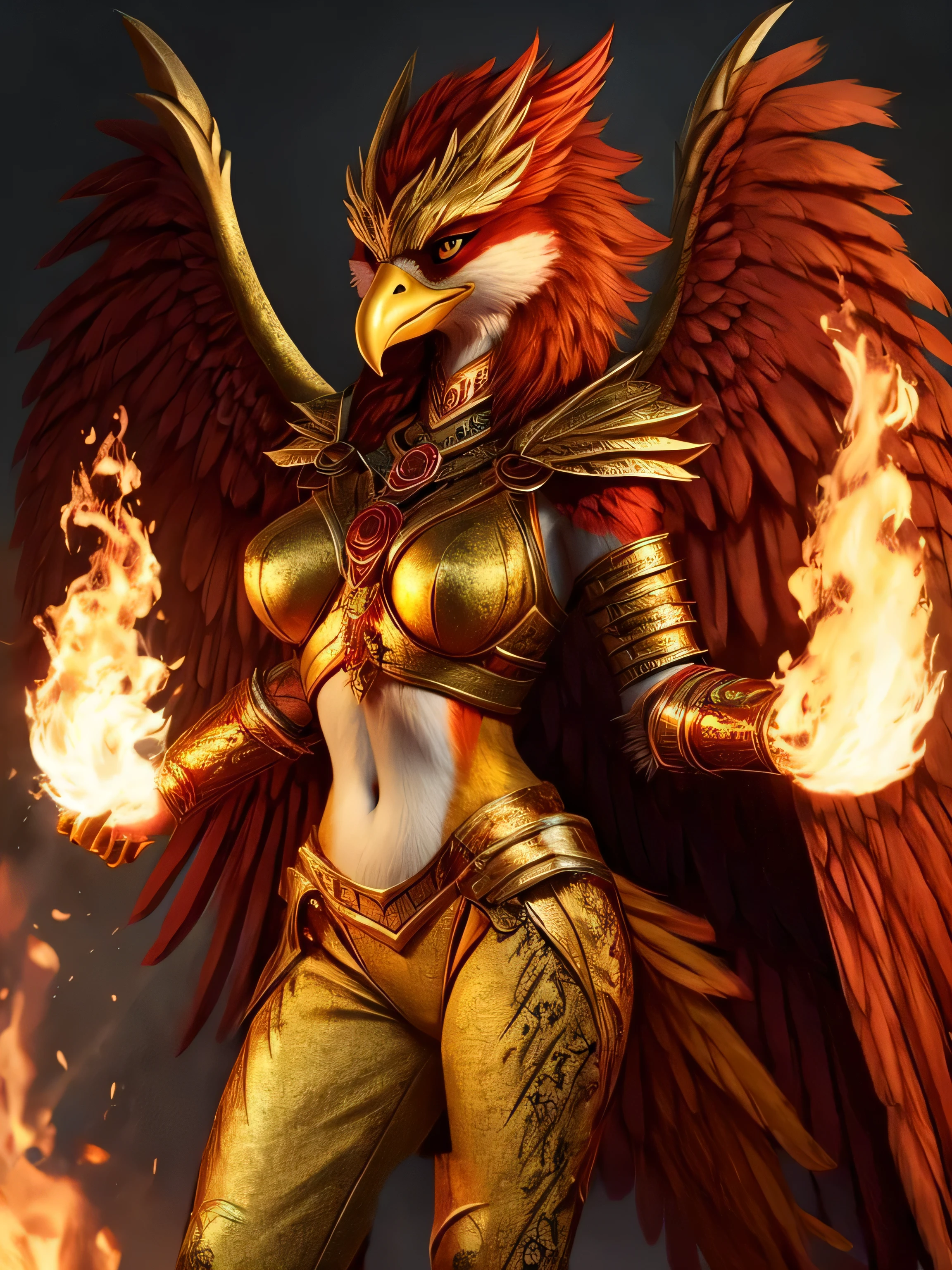 female anthro phoenix, highly detailed fur, medium breasts, full body, wings, golden chest armor, midriff, golden leggings, golden sleeves, bare shoulders, avian, fire, Phoenix tail