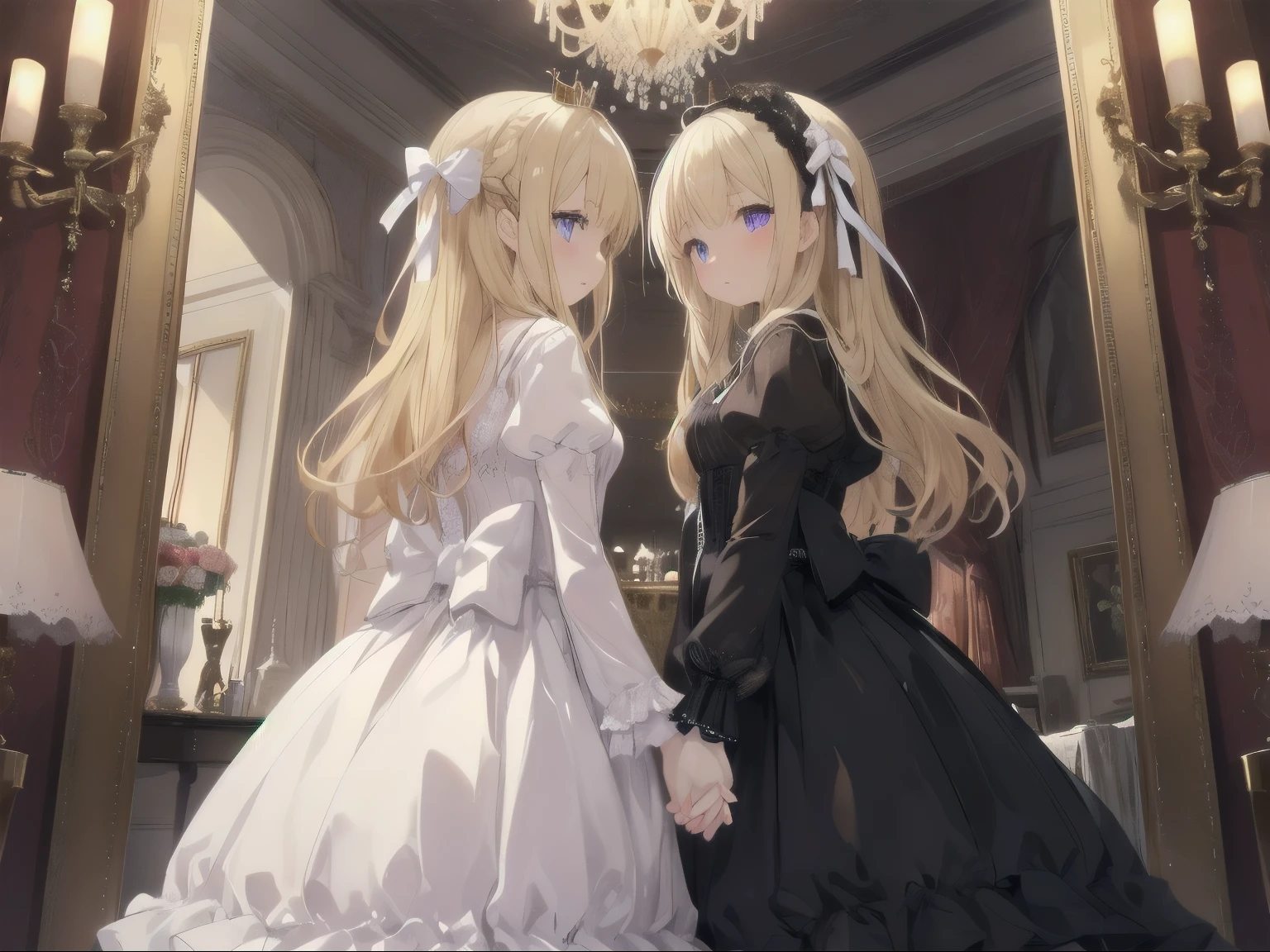 masterpiece, highest quality,2 girls,cute,cute,floating hair, golden hair, long hair, hair tip wave, hair down, transparent, light blue eyes, 白いfrills,classical dress, lolita, mirrorの国のアリス, small crown, Queen様, 黒いlolita, purple eyes, mirror, inside the castle, Western-style building,Crystal butterfly,Tyndall effect,evening,cinematic lighting, stirring,dream-like,great scene,shine,chess,Crystal Dream, two girls、holding hands、inside the castle、classical dress、黒いlolita、白いlolita、素晴らしい光沢のある金色のlong hair,blonde, white clothes,frills, small crown, Queen, golden hair, eyes are purple、これはcute甘い女の子です,soft girl, lolita,mirrorの国のアリス, chess, mirrorの部屋, Are standing, mirrorの前にAre standing自分を見て, mirrorに向かってholding hands, from behind, from below, chessの部屋,mirrorの世界に行こうとしている,large room全体が写っている,chess盤, large room