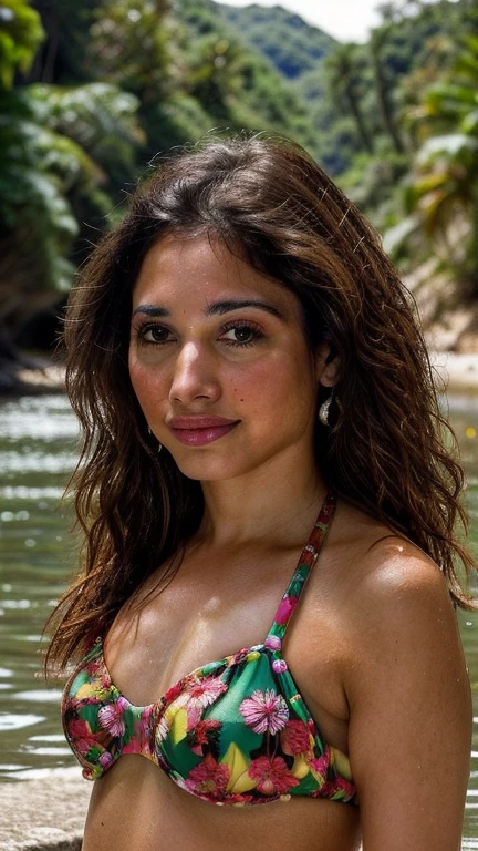 T4mm,face,bikini,(33yo milf), "ultra realistic photography, Retrato de una hermosa modelo mexicana de piel morena, cuerpo entero, on a river. Her long curly hair is adorned with a hairpin of flowers. The landscape is surrounded by lush vegetation, with clouds reflecting off the water. La luz dorada de la hora dorada envuelve la escena, tonos calidos