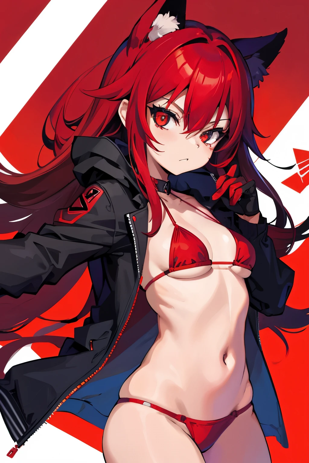 Fox Demon Little Red Lady, Schwarz Bikini, Open red big jacket, Augenklappe