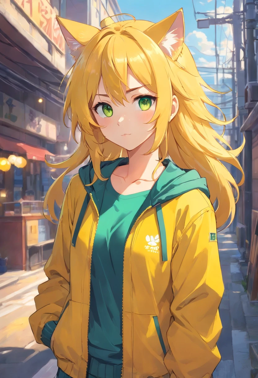 Full body appearance furry catgirl with golden yellow hair and green eyes beautiful, beautiful background wearing blue undershirt and yellow jacket, tits shown