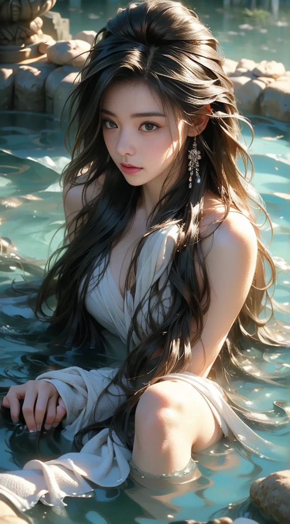 (masterpiece), (best quality:1.4), Ridiculous, [:intricate details:0.2], 1 girl, (naked towel), (fountain, hot spring:1.2), hydrated skin, (FOG:1.2), mist, skin shiny, Glowing skin, (partially submerged in the hot spring:1.2), (wet hair:1.2), mist, wet, moisture,full-body shot