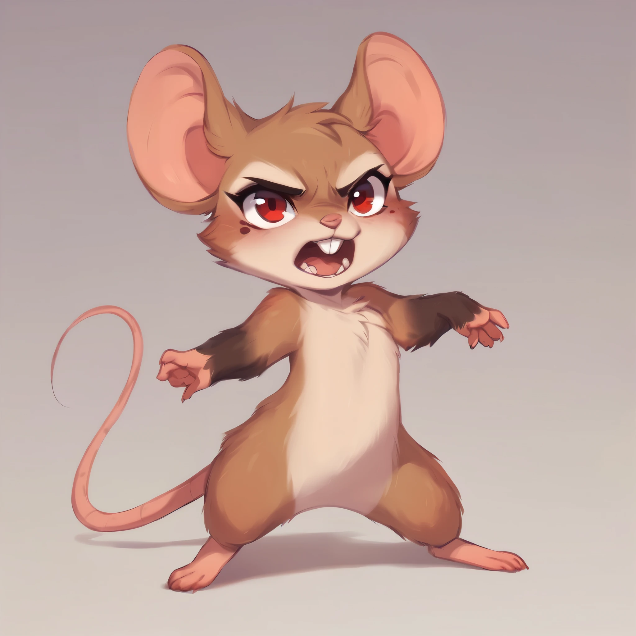 score_9, score_8_up, score_7_up, score_6_up, score_5_up, score_4_up, show accurate, full body, hungry body, simple background, (solo), (semi anthro), mouse, female mouse, fur body, ultra fine fur, standing, red eyes, (light brown dull fur), determined look,