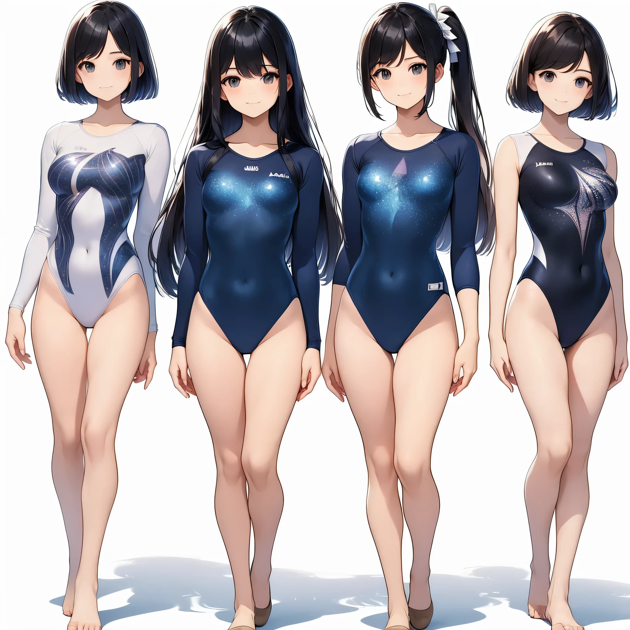 ((full body)),(masterpiece, best quality), (3 girls1.5) ,((Contrapposto:1.5)), looking at viewer, walking,((v_arms:1.2)), (wearing gymnastics_longsleeves_leotard_outfit leotard:1.3),(blue leotard) ,(galaxy print:1.3), BREAK masterpiece black hair, ((long hair:1.2)), ((parted bangs:1.3)), black eyes, good hand, ((small breasts)), (over 20 years old, under 25 years old:1.2), , spotlight, happy, smile, BREAK in the class room