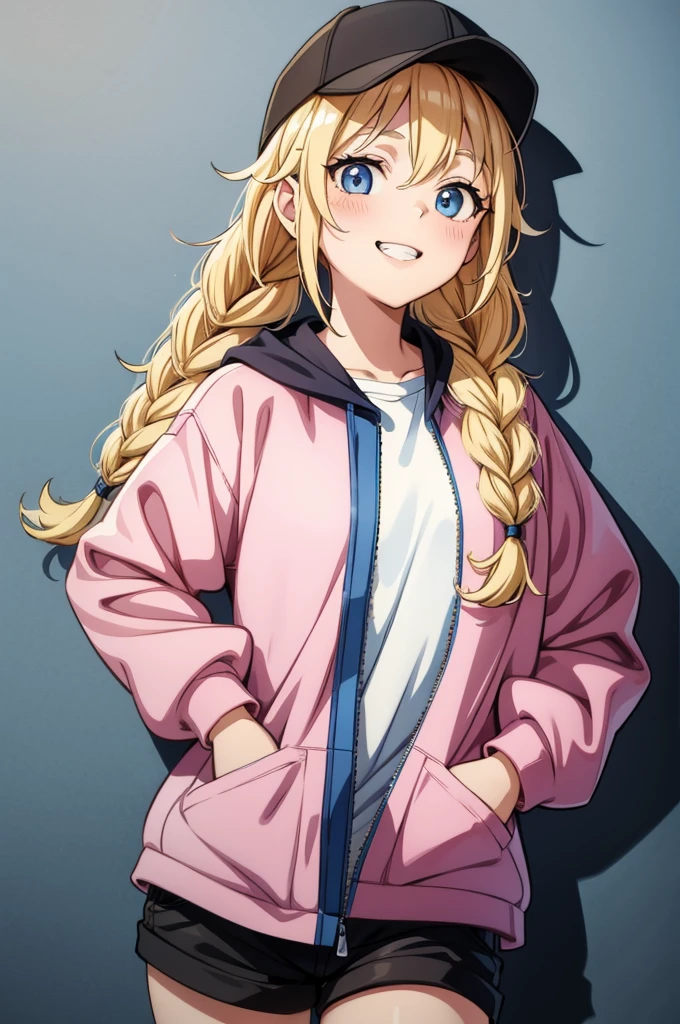 an animated drawing of a chick with blonde curly hair and pink jacket, 1girl, solo, hat, braid, blue eyes, blonde hair, smile, twin braids, shorts, long hair, baseball cap, looking at viewer, shirt, jacket, white background, hand in pocket, blush, grin, white shirt, black headwear, black shorts,Eiko Tsukimi, blue eyes, braid, twin braid, blonde hair, long hair