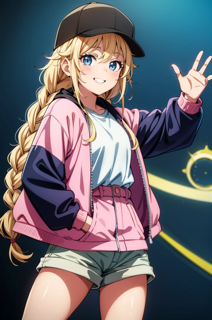 an animated drawing of a chick with blonde curly hair and pink jacket, 1girl, solo, hat, braid, blue eyes, blonde hair, smile, twin braids, shorts, long hair, baseball cap, looking at viewer, shirt, jacket, white background, hand in pocket, blush, grin, white shirt, black headwear, black shorts,Eiko Tsukimi, blue eyes, braid, twin braid, blonde hair, long hair