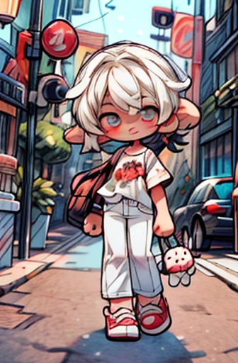 Masterpiece, Best quality, cute, kawaii, 1 girl,ddler,Single,Poem for you Fadzi,Bright golden bright eyes,Smiley face,colorless,the outside,Standing in the middle of the street,Bustling city,midnight, Many street lights,Wear tight pants and shirts, Skin color is dark brown,big eyes