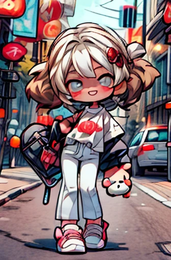 Masterpiece, Best quality, cute, kawaii, 1 girl,toddler,Single,Poem for you Fadzi,Bright golden bright eyes,Smiley face,colorless,the outside,Standing in the middle of the street,Bustling city,midnight, Many street lights,Wear tight pants and shirts, Skin color is dark brown,big eyes