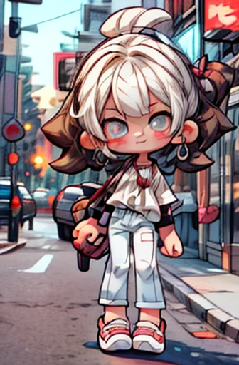 Masterpiece, Best quality, cute, kawaii, 1 girl,toddler,Single,Poem for you Fadzi,Bright golden bright eyes,Smiley face,colorless,the outside,Standing in the middle of the street,Bustling city,midnight, Many street lights,Wear tight pants and shirts, Skin color is dark brown,big eyes