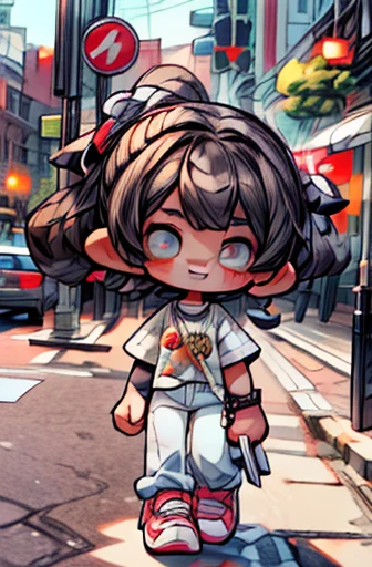Masterpiece, Best quality, cute, kawaii, 1 girl,toddler,Single,Poem for you Fadzi,Bright golden bright eyes,Smiley face,colorless,the outside,Standing in the middle of the street,Bustling city,midnight, Many street lights,Wear tight pants and shirts, Skin color is dark brown,big eyes