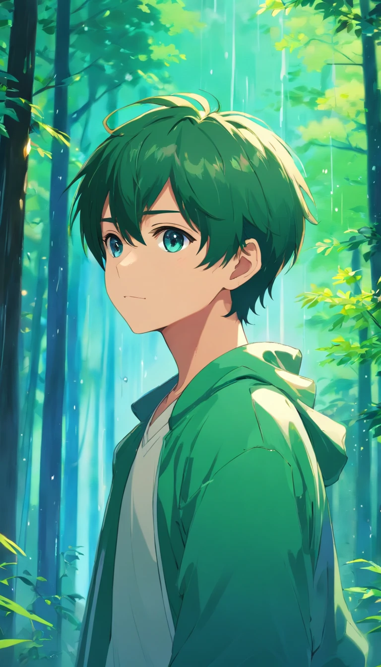 Anime boy's hair style, Beautiful anime artwork, anime style 4k, Anime Art Wallpaper 4k,rain,Windows,forest,full-body shot