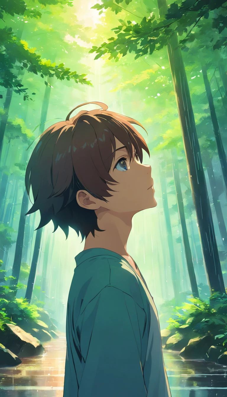 Anime boy's hair style, Beautiful anime artwork, anime style 4k, Anime Art Wallpaper 4k,rain,Windows,forest,full-body shot