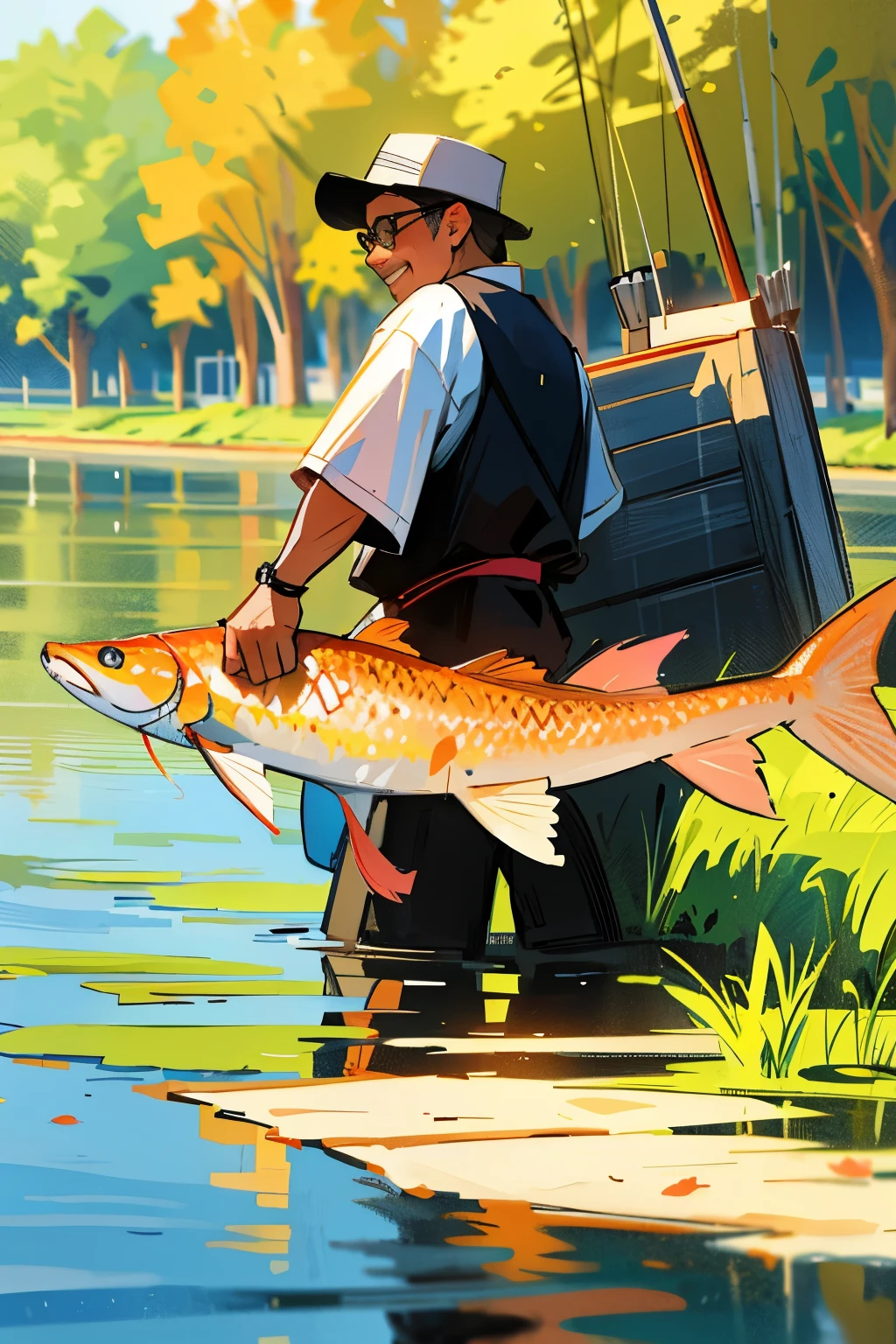 A realistic style painting captures a joyous moment on a spacious river bank, where a skilled fisherman proudly displays a massive hundred-pound catfish. The scene is set for a photo session, with the picturesque surroundings enhancing the grandeur of the catch.