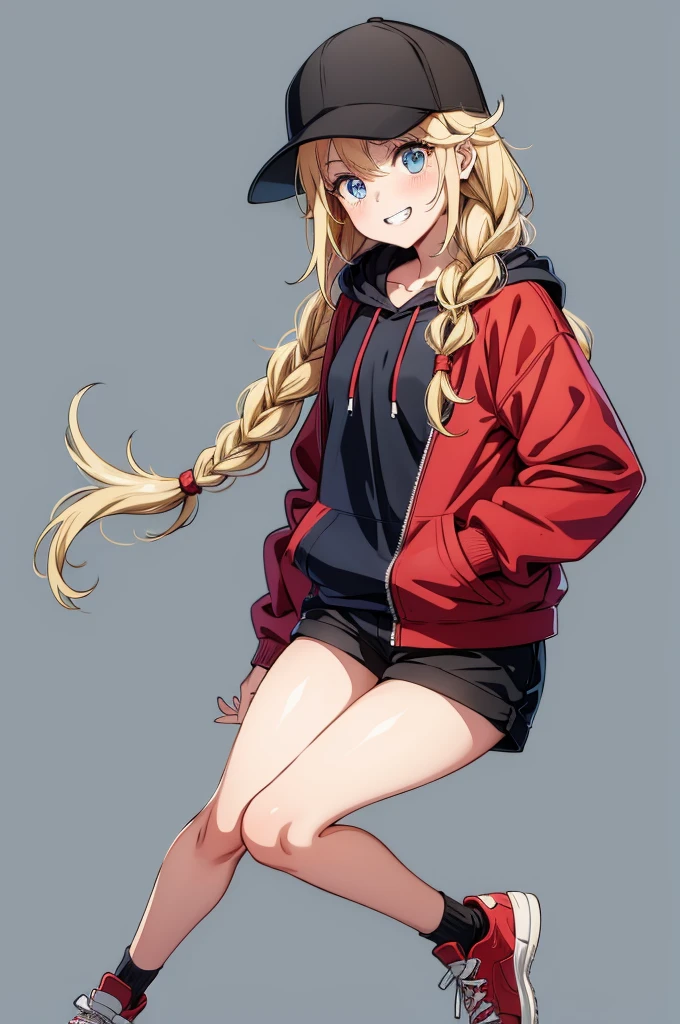 a beautiful anime girl in red sneakers and a black hoodie holding a baseball cap, 1girl, solo, hat, shorts, braid, blonde hair, long hair, blue eyes, smile, baseball cap, black headwear, hand in pocket, black shorts, shirt, looking at viewer, jacket, blush, white shirt, twin braids, short shorts, simple background, grin, hood