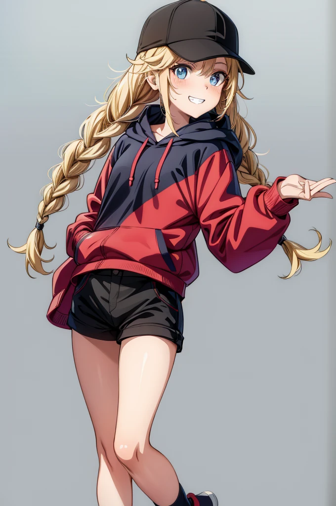 a beautiful anime girl in red sneakers and a black hoodie holding a baseball cap, 1girl, solo, hat, shorts, braid, blonde hair, long hair, blue eyes, smile, baseball cap, black headwear, hand in pocket, black shorts, shirt, looking at viewer, jacket, blush, white shirt, twin braids, short shorts, simple background, grin, hood