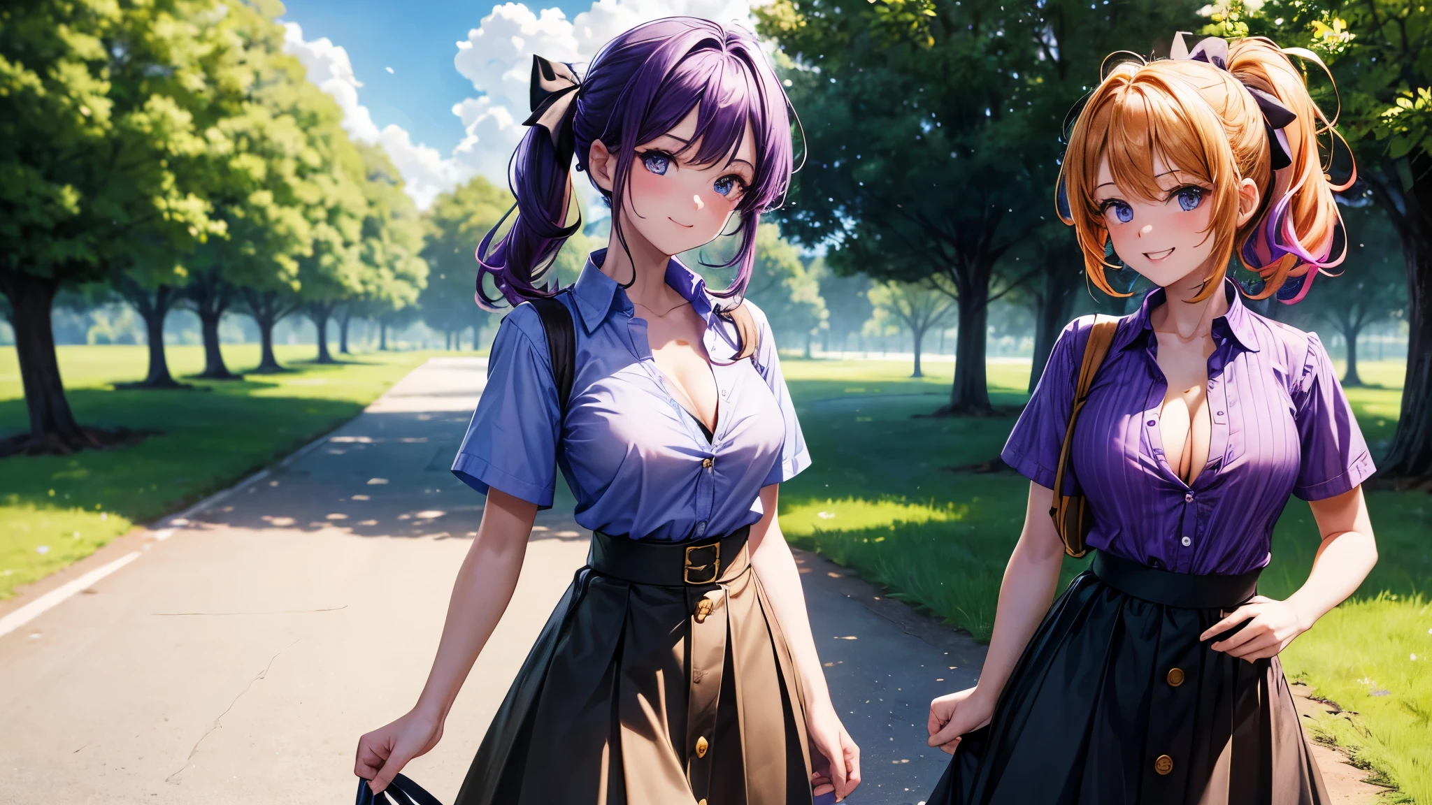 2girls, summer, village, trees, sun, clouds, ((colorful hair)), ponytail, large breasts, button down, blue eyes, ((purple shirt)), ((unbuttoned shirt)), unbuttoning buttons, popping buttons, ((short sleeved shirt)), black mini skirt, brown shoes, grin, looking at the viewer, standing, hair ribbon, cleavage, golden necklate