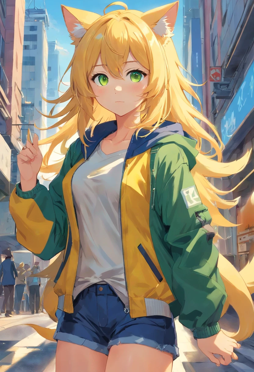 Full body appearance furry catgirl with golden yellow hair and green eyes beautiful, beautiful background wearing blue undershirt and yellow jacket, tits shown naked