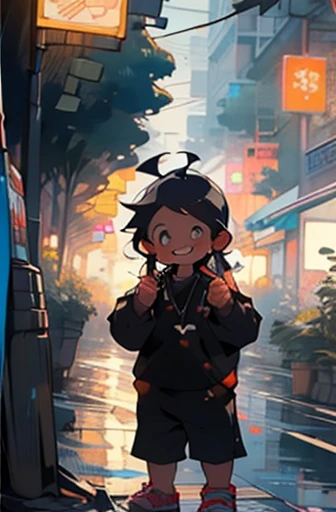 Masterpiece, Best quality, cute, kawaii, 1 girl,toddler,Single,Poem for you Fadzi,long hair,Golden eyes,Bright eyes,Smiley face,colorless,the outside,Standing in the middle of the street,Bustling city,midnight, Many street lights,Wear tight pants and shirts, Skin color is dark brown,slim