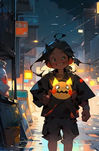 Masterpiece, Best quality, cute, kawaii, 1 girl,toddler,Single,Poem for you Fadzi,long hair,Golden eyes,Bright eyes,Smiley face,colorless,the outside,Standing in the middle of the street,Bustling city,midnight, Many street lights,Wear tight pants and shirts, Skin color is dark brown,slim