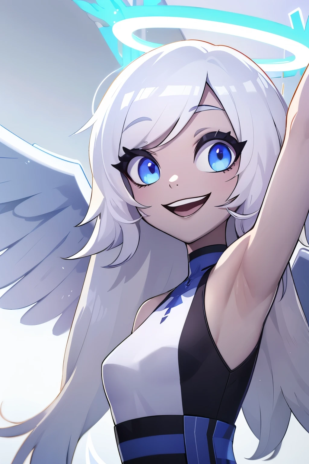 Emily, angel, angel wings, halo, long hair, smile, blue eyes, white hair, (grey skin:1.2), small breasts, light blue sclera, very long hair, sleeveless dress, black dress, upper body, close up, open mouth, armpit