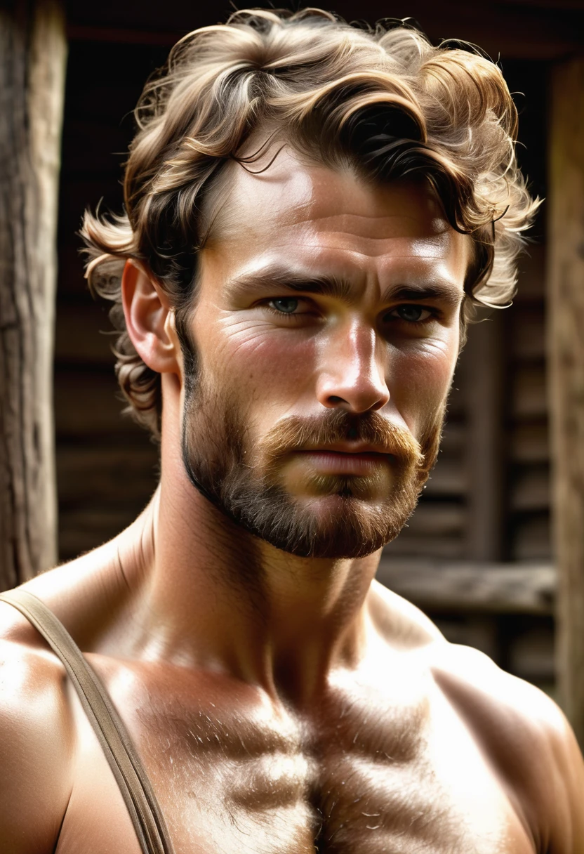 (highly detailed, soft light, photorealistic, dynamic light; cinematic); victorian era; 1820s; 30 years old man; Englishman; strikingly handsome; defined cheekbones; defined strong jawline; handsome face; rectangular face-shape; strapping; desirous teasing inviting expression; intimate sexually-charged atmosphere; masculine face with several scars; charismatic; grizzled; manly passionate air; very attractive; burly broad figure; ruddy weathered skin, flushed cheeks, blushing cheeks; unkempt beard; natural light-blue eyes; thick strong chestnut-brown eyebrows; carefully-shaped 1820s sideburns; fully naked hairy naked broad heavily muscled chest; short styled chestnut-brown hair in 1820's hairstyle; full firm masculine lips, lips open; mouth open; laying back on 1820s bed in a rustic 1820s log cabin; laying in a sexual inviting pose, displaying himself, offering sex; looking at camera