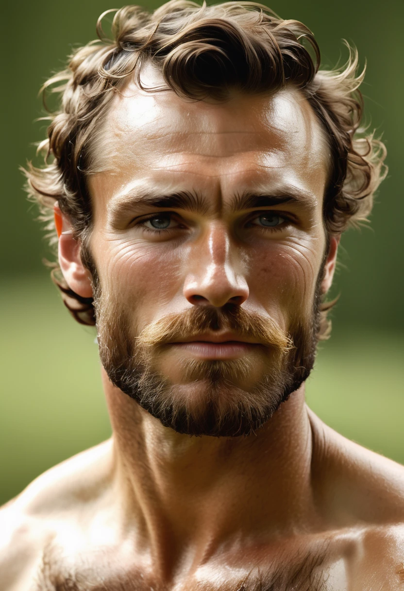 (highly detailed, soft light, photorealistic, dynamic light; cinematic; close up); victorian era; 1820s; 30 years old man; Englishman; strikingly handsome; defined cheekbones; defined strong jawline; handsome face; rectangular face-shape; strapping; desirous teasing expression; masculine face with several scars; charismatic; grizzled; intense inviting expression; manly passionate air; very attractive; burly broad figure; ruddy weathered skin; unkempt beard; natural light-blue eyes; thick strong chestnut-brown eyebrows; carefully-shaped 1820s sideburns; shirtless with a hairy slightly sweaty naked broad heavily muscled chest; wearing 1820s suspenders connected to pants, shirtless; short styled chestnut-brown hair in 1820's hairstyle; full firm masculine lips, lips open; mouth open; standing inside a dark but cosy 1820s log cabin; looking at camera