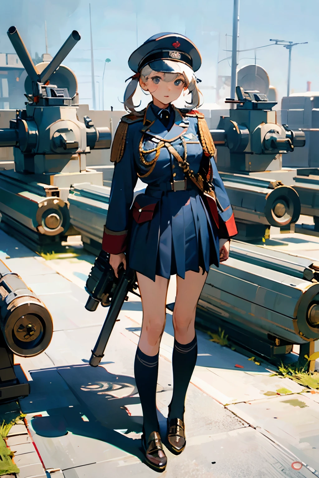 girl wear uniform general soldier german WW2 , Standing among the cannons
