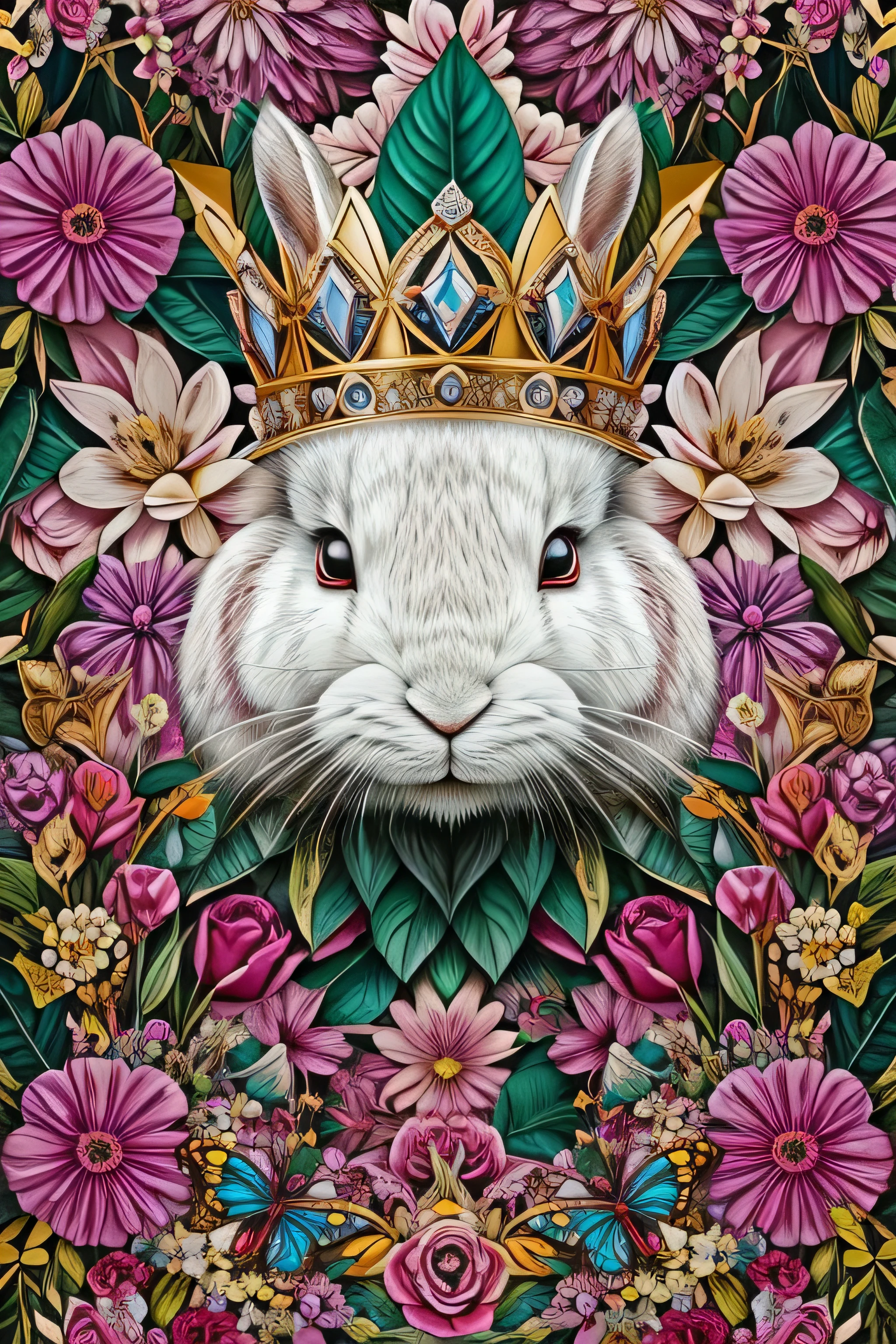 contemporary art collage, A white rabbit big head, wearing a big diamond crown, front,With a lot of Bright amidst blooming flowers and leaves cover whole image, with Clear fur,some smart insects, painted, super detailed, full color, bright colors, 8K, actual , no white background