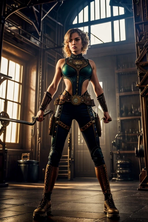 Sadie Wilkinson in a steampunk gym, intricate details, steampunk style, atmospheric lighting, industrial setting, character design by Istvan Orosi and Philippe Druillet, 4k resolution, dynamic composition