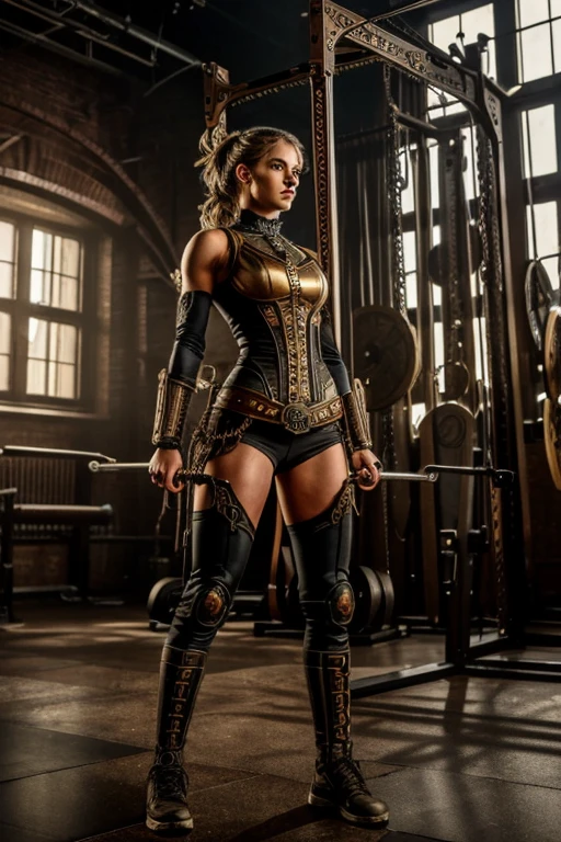 Sadie Wilkinson in a steampunk gym, intricate details, steampunk style, atmospheric lighting, industrial setting, character design by Istvan Orosi and Philippe Druillet, 4k resolution, dynamic composition