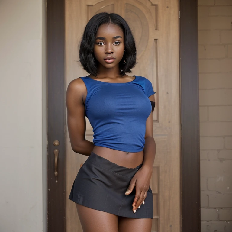 Magnificent 22-year-old girl of African origin with a Carmel complexion with mid-length black hair and seductive eyes under a short skirt with a blue shirt that hugs her not very generous waist  