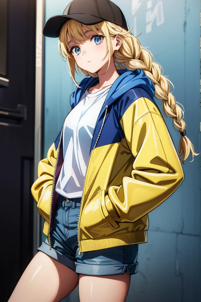 a pretty young girl with blue hair posing with a hat and jacket on, 1girl, solo, shorts, hat, braid, twin braids, blonde hair, blue eyes, shirt, white shirt, jacket, long hair, hands in pockets, baseball cap, black headwear, short shorts, open clothes, open jacket, hood, cowboy shot, yellow jacket