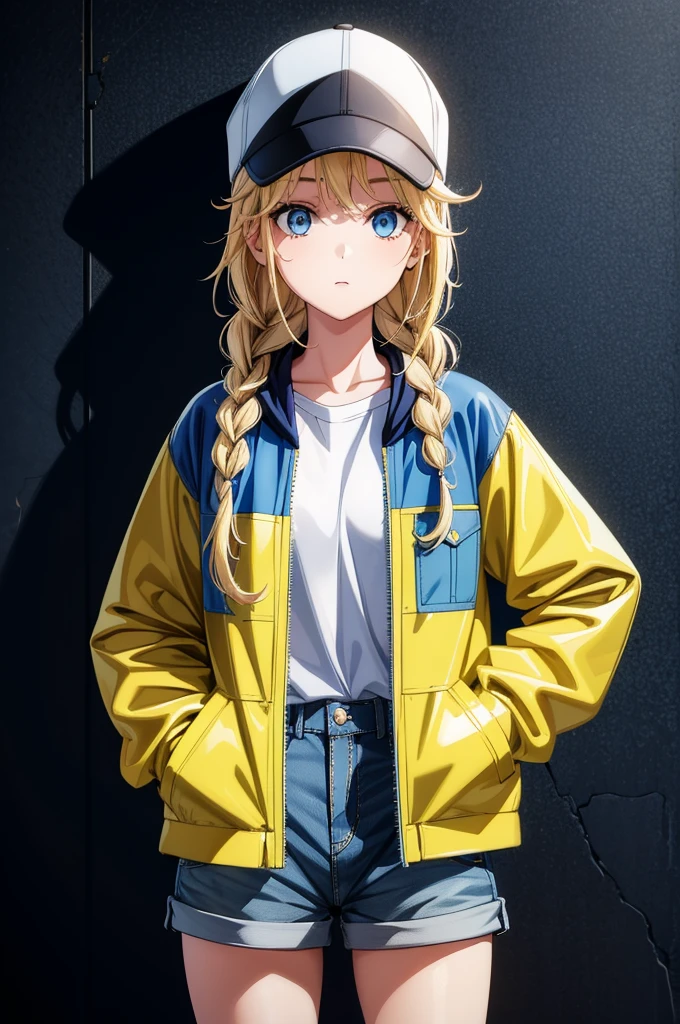 a pretty young girl with blue hair posing with a hat and jacket on, 1girl, solo, shorts, hat, braid, twin braids, blonde hair, blue eyes, shirt, white shirt, jacket, long hair, hands in pockets, baseball cap, black headwear, short shorts, open clothes, open jacket, hood, cowboy shot, yellow jacket