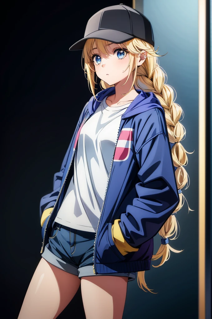 a pretty young girl with blue hair posing with a hat and jacket on, 1girl, solo, shorts, hat, braid, twin braids, blonde hair, blue eyes, shirt, white shirt, jacket, long hair, hands in pockets, baseball cap, black headwear, short shorts, open clothes, open jacket, hood, cowboy shot, yellow jacket