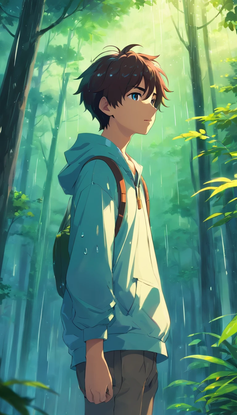 Anime boy full body, Beautiful anime artwork, anime style 4k, Anime Art Wallpaper 4k,rainy day, forest，raindrop