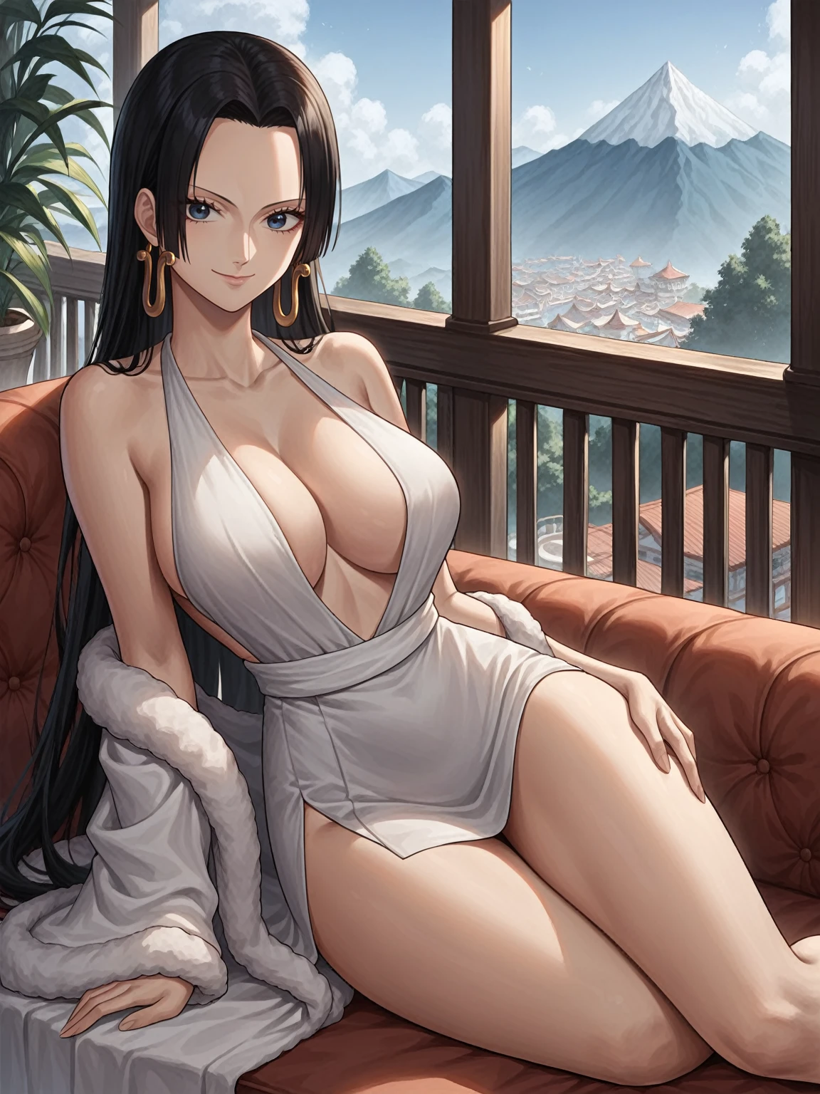 source_anime,score_9,score_8_up, score_7_up, 1girl,solo,outdoors,one piece, boa hancock, couch, indoors, seductive, face closeup, ((closed mouth)), smirk, thighs, long shot, balcony, mountain background, fancy, white couch, laying, leaning, fronr view