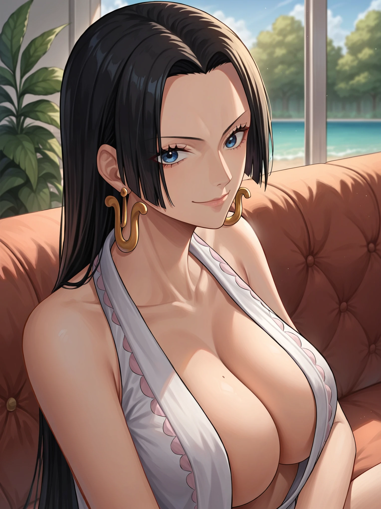 source_anime,score_9,score_8_up, score_7_up, 1girl,solo,outdoors,one piece, boa hancock, couch, indoors, seductive,, face closeup, ((closed mouth)), smirk