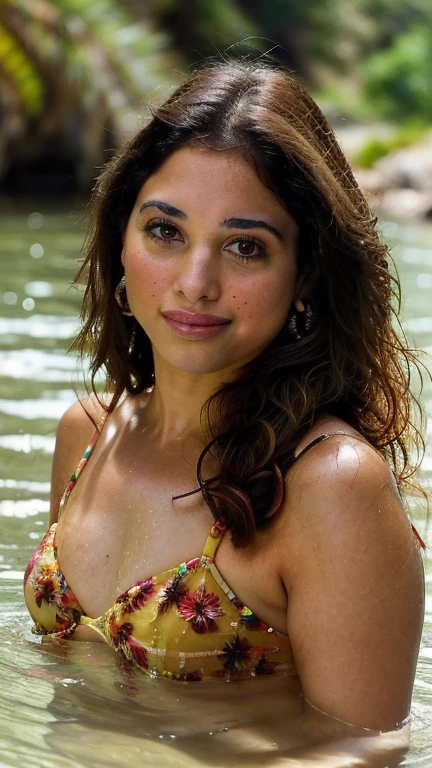 T4mm,face,bikini,(33yo milf), "ultra realistic photography, Retrato de una hermosa modelo mexicana de piel morena, cuerpo entero, on a river. Her long curly hair is adorned with a hairpin of flowers. The landscape is surrounded by lush vegetation, with clouds reflecting off the water. La luz dorada de la hora dorada envuelve la escena, tonos calidos