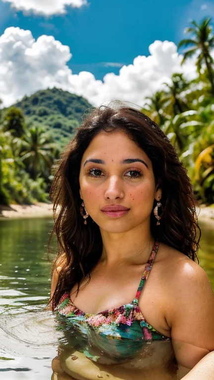 T4mm,face,bikini,(33yo milf), "ultra realistic photography, Retrato de una hermosa modelo mexicana de piel morena, cuerpo entero, on a river. Her long curly hair is adorned with a hairpin of flowers. The landscape is surrounded by lush vegetation, with clouds reflecting off the water. La luz dorada de la hora dorada envuelve la escena, tonos calidos