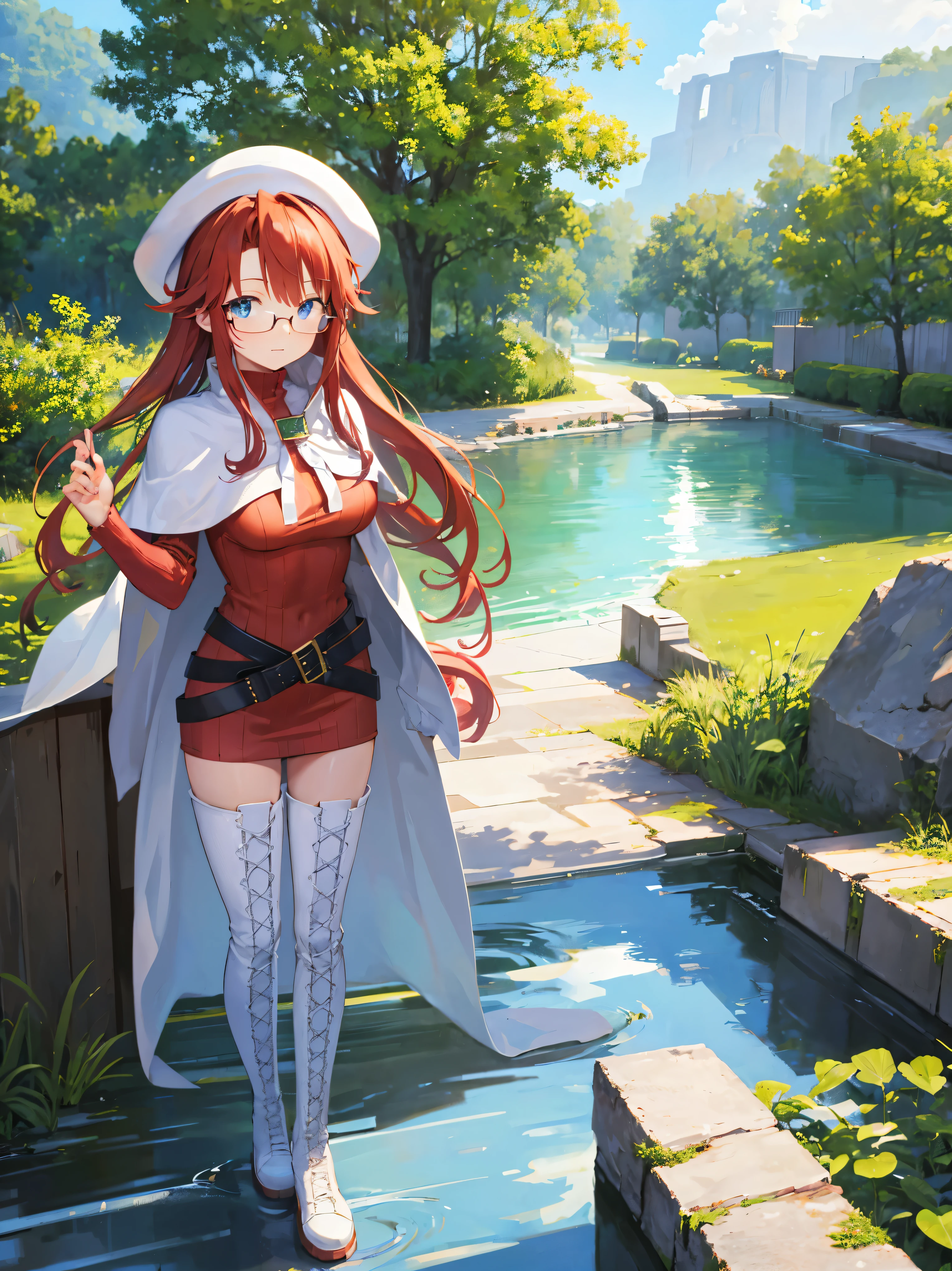 summonnightaty, aty, long hair, blue eyes, red hair, beret, hat, glasses,
BREAK long hair, thighhighs, hat, dress, boots, glasses, belt, cape, sweater, zettai ryouiki, beret, thigh boots, white footwear, ribbed sweater, loose belt,solo,
BREAK outdoors, fantasy_town,
BREAK (masterpiece:1.2), best quality, high resolution, unity 8k wallpaper, (illustration:0.8), (beautiful detailed eyes:1.6), extremely detailed face, perfect lighting, extremely detailed CG, (perfect hands, perfect anatomy),covered_nipples,covered_navel,light_smile ,(half_eyes:1.4),sword,armpit,sleepy,dynamic_standing,barrel,red_sweater,apart_legs,magical_effect,