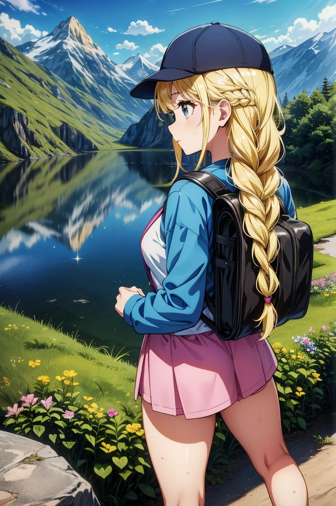 1girl, she is hiking up to a hidden lake in the mountains, lush vegetation, sparkling water, background vast mountain ridges, she wears colorful hiking clothes and a backpack, view from behind, sweat, triumph, perfect figure, vibrant colors,Eiko Tsukimi, blue eyes, braid, twin braid, (((blonde hair))), long hair,baseball cap