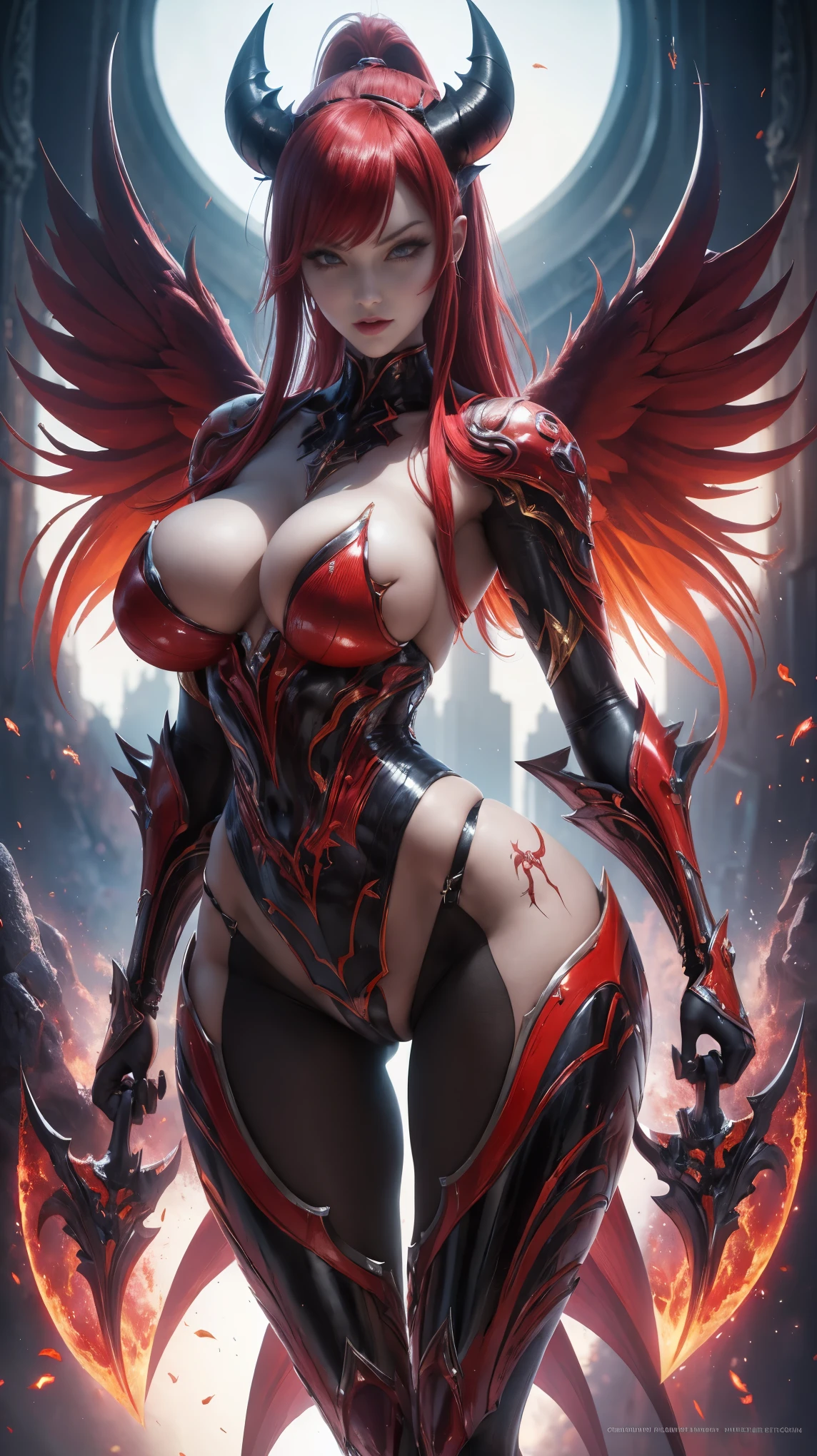 solo, super smooth photo, full body image Unreal Engine 5 8K UHD, woman, bright color scheme, detail, tattoo details, best quality, masterpiece, official artwork, integrated 8k wallpaper, Highly detailed, sharp focus, dynamic pose, body part , beautiful female Demon character concept art, futuristic demon, naked super big breasts, naked vagina, naked navel, devil shell, muscular body, facing the audience, curvy body, hot face, ((naked)), long red hair, ((two devil wings)),
